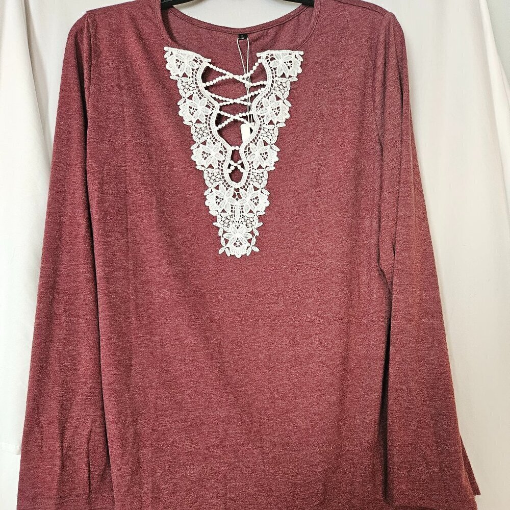 ULTRANICE Women's Top Long Sleeve  Front Lace‎ around Neck  L NWT